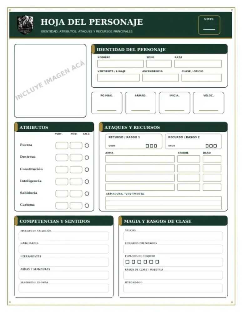Printable fantasy RPG character sheet